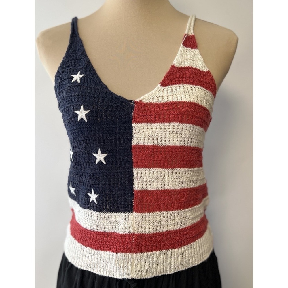 American Flag‎ Boho Crochet Knit Tank Festival Rodeo Medium Cowgirl Coachella